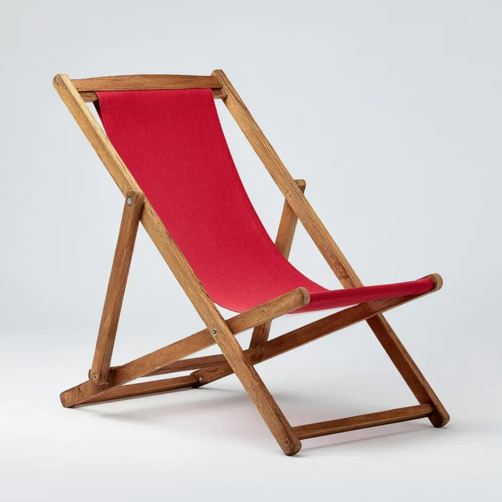 Folding Wooden Patio Lounge Chair 90x60x75 cm - Red Fabric - Rustic Outdoor Seating