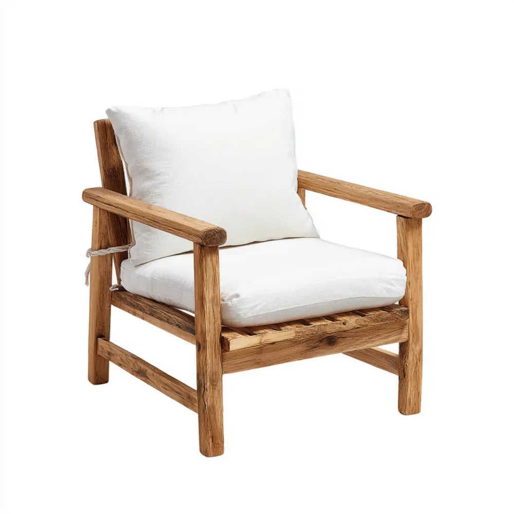 Wooden Patio Lounge Chair 75x80x85 cm - Natural Wood Finish with White Cushions - Rustic Design