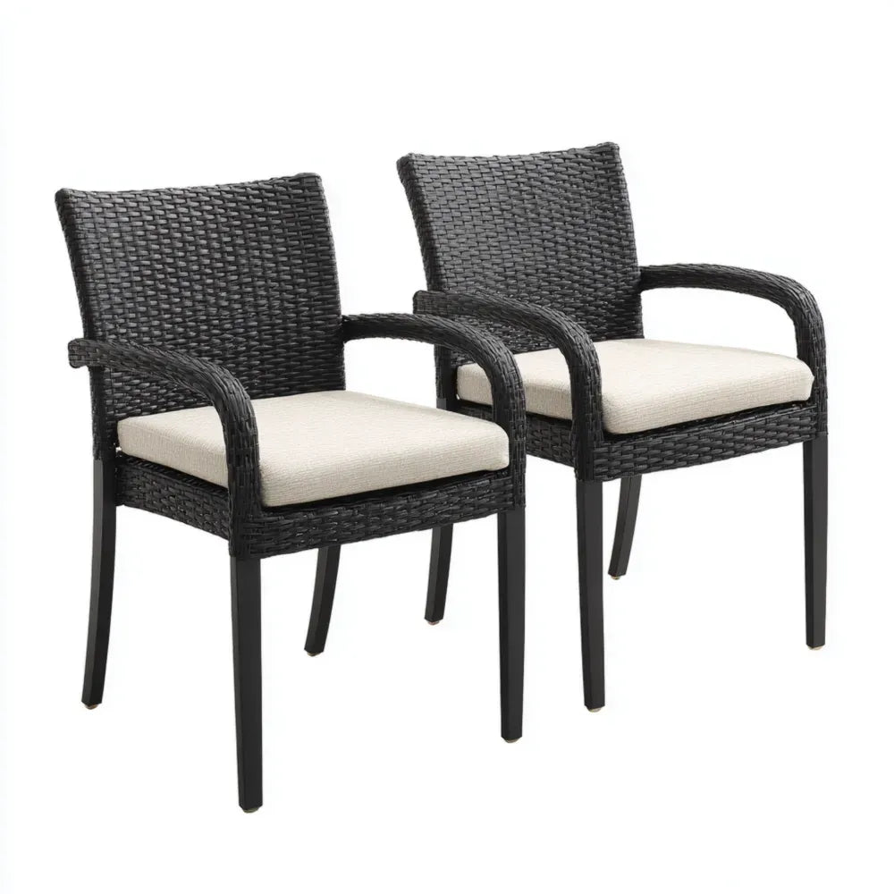 Patio Dining Chairs 22.8x23.6x34.6 in - Wicker with Cushions - Black/Beige - Weather-Resistant