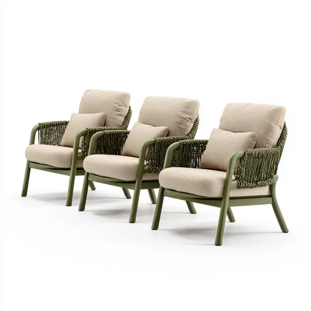 Patio Lounge Chairs Set of 3 - 85x70x80 cm Woven Fabric and Metal Frame - Green/Cream