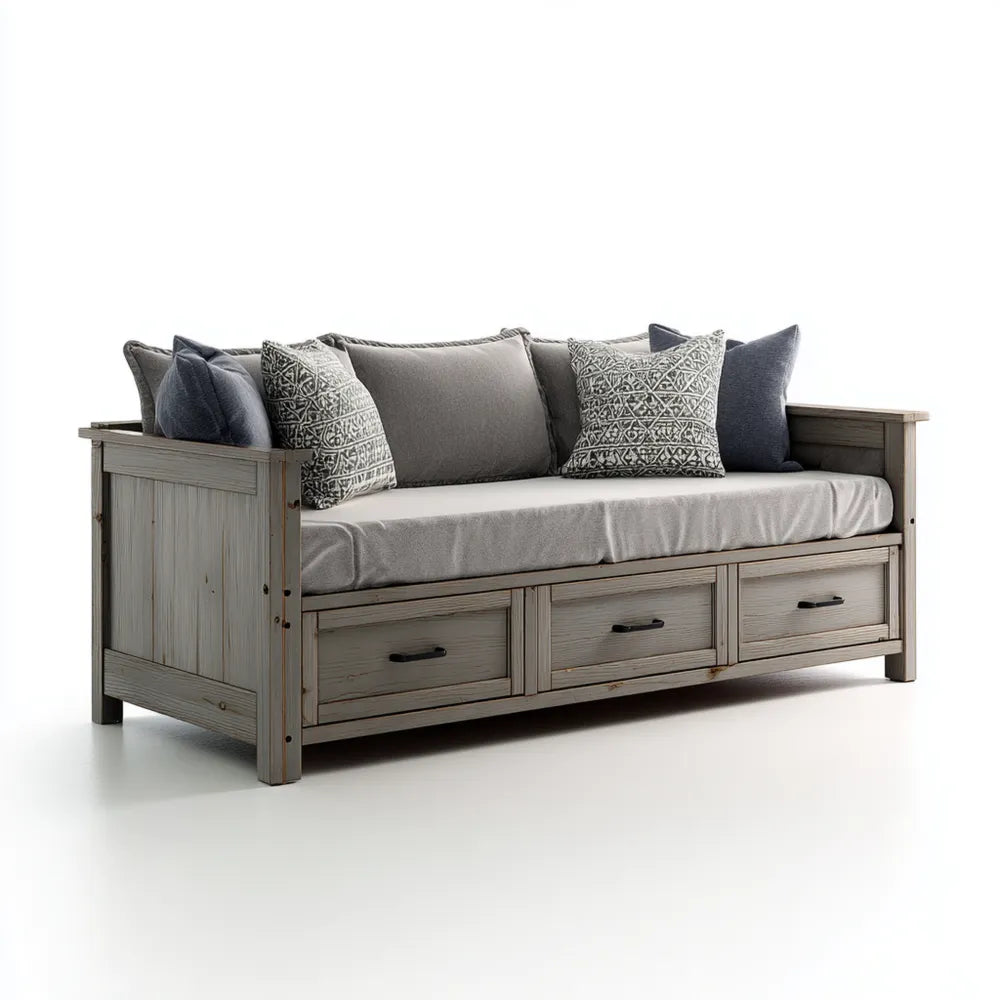 Sofa Bed Wooden Frame 200x90x75 cm - Light Gray - Rustic Style