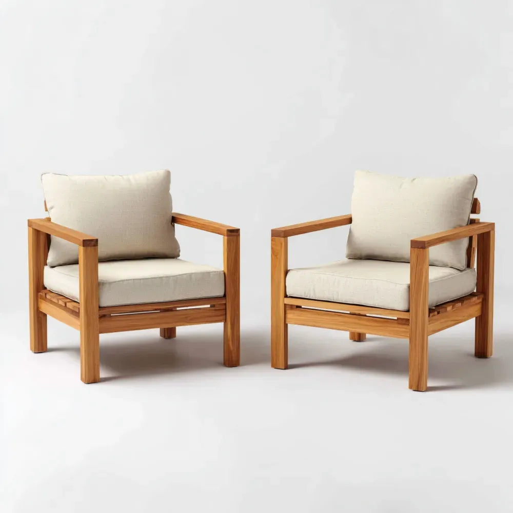 Patio Lounge Chairs Set - Teak Wood - Cream Cushions - Modern Design - 60cm x 70cm x 65cm