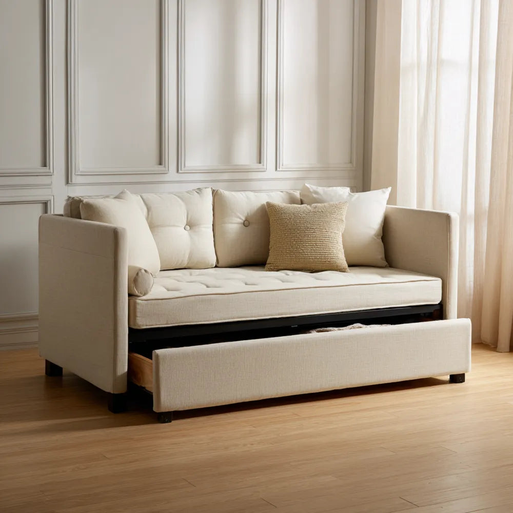 Sofa Bed Fabric Upholstery 200x90x85 cm - Beige - Modern Design