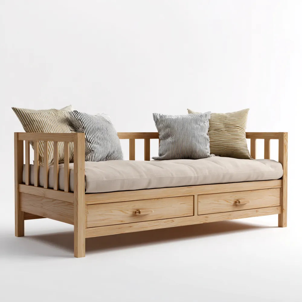 Sofa Bed with Wood Frame and Drawers 200x90x80 cm – Beige Cushion – Modern Design