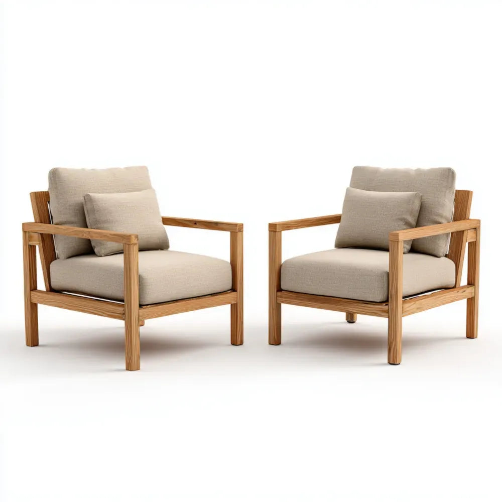 Outdoor Patio Lounge Chairs 75x70x85 cm - Teak Wood - Beige Cushions - Modern Design