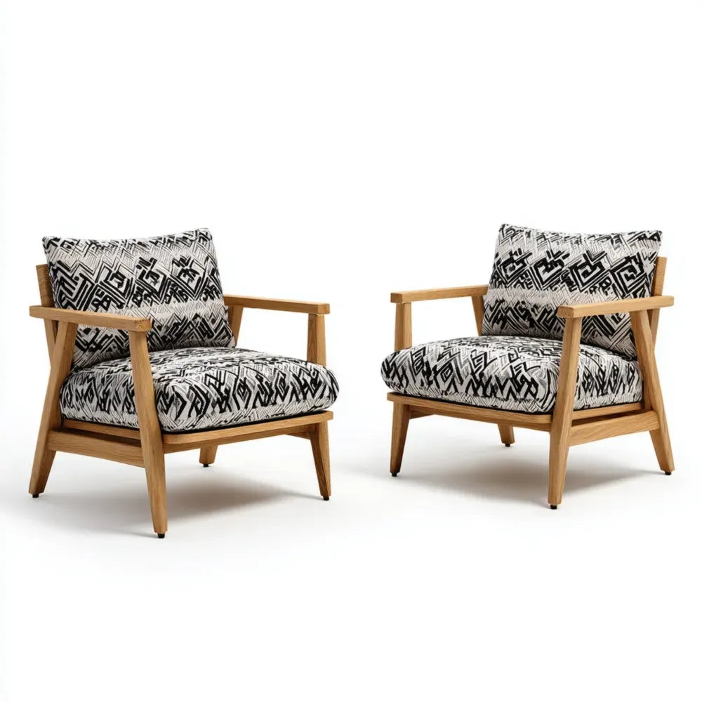 Patio Lounge Chairs Set of 2 with Cushions - 29.5x27.6x33.5 Inches - Teak Wood - Black/White Geometric Pattern